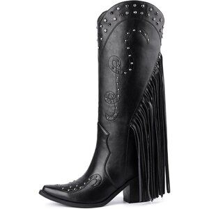 Women's Black Rhinestone Pointed Toe Comfortable Chunky Heel Wide Calf Boots